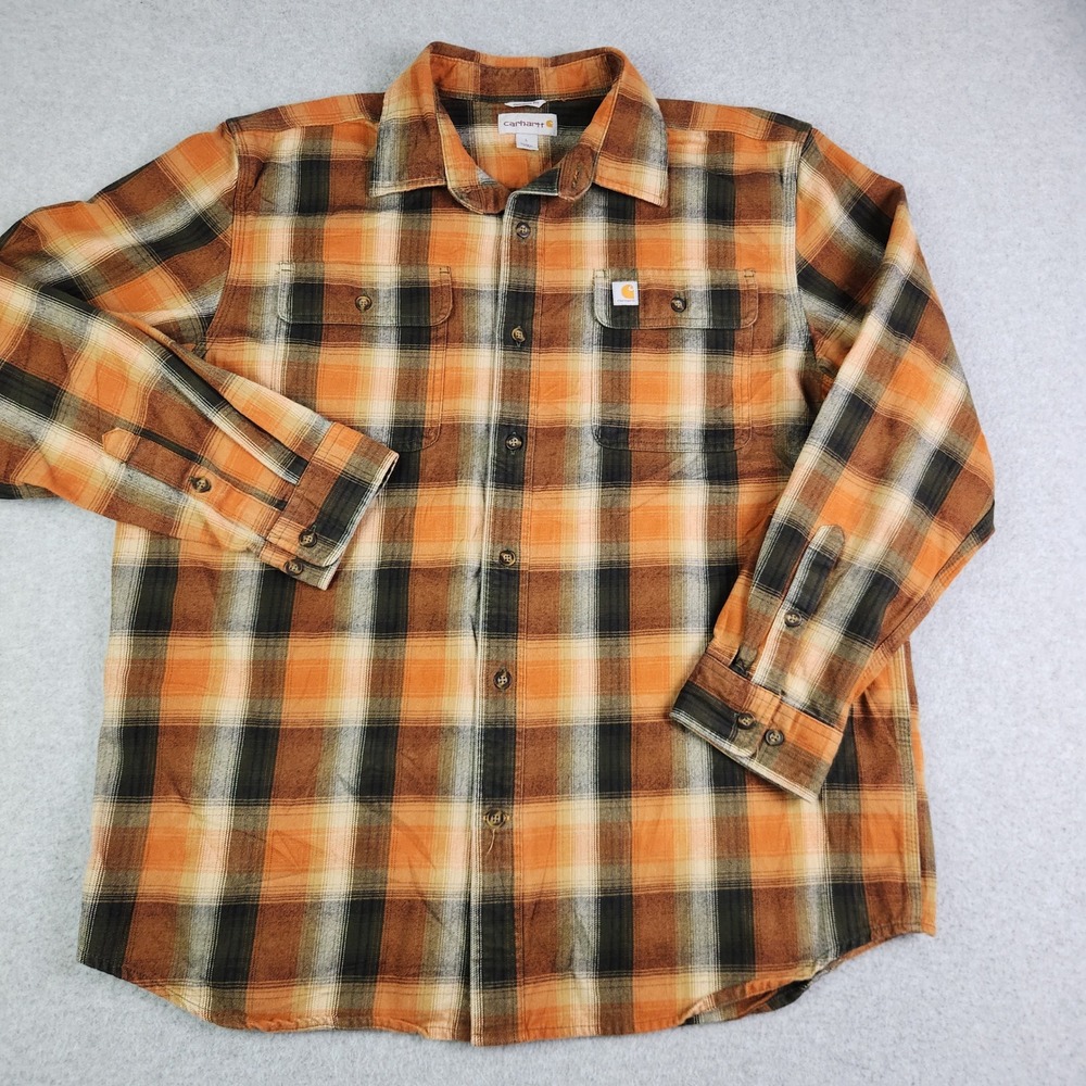Carhartt Workwear Shirt Mens Large Orange Plaid Flannel Original Fit Button Up